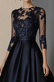 A Line Navy Lace Mother Of Bride Dress with 3/4 Sleeves