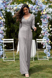 Glitter Royal Blue Beads V Neck Long Sleeves Pleated Sheath Mother of the Bride Dress