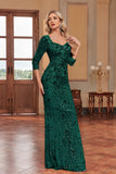 Sparkly Dark Green Mermaid Appliques Square Neck Mother of the Bride Dress with 3/4 Sleeves