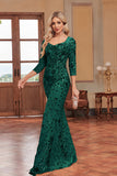 Sparkly Dark Green Mermaid Appliques Square Neck Mother of the Bride Dress with 3/4 Sleeves