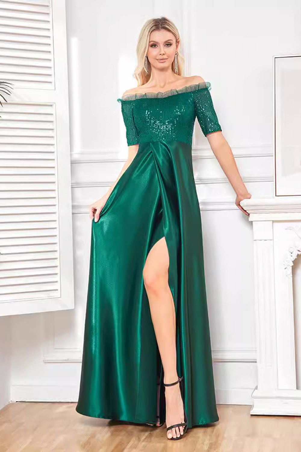 Sparkly Dark Green Satin A Line Mother of Bride Dress