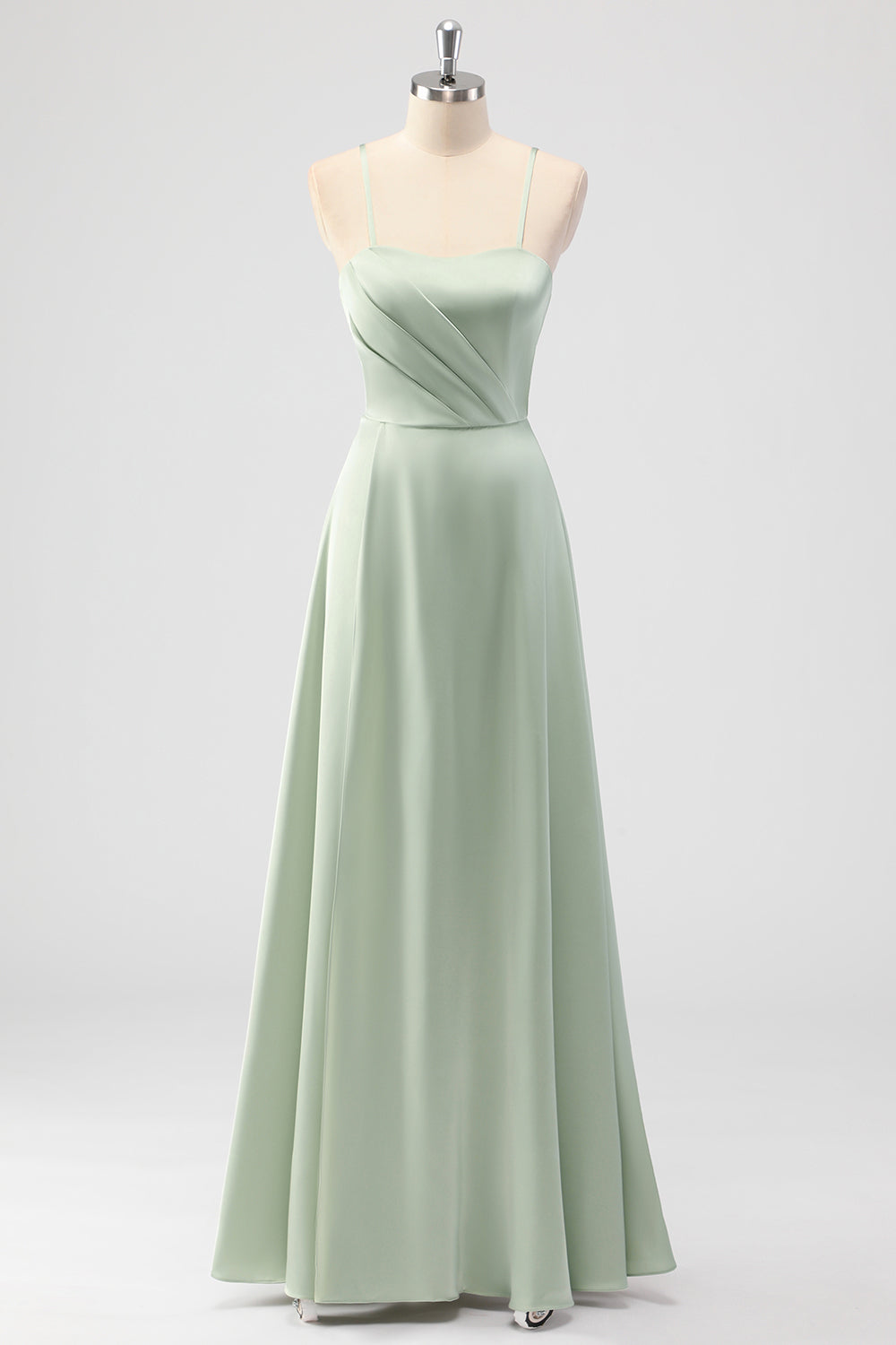 Sage Green A-Line Satin Spaghetti Straps Long Bridesmaid Dress