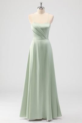 Sage Green A-Line Satin Spaghetti Straps Long Bridesmaid Dress