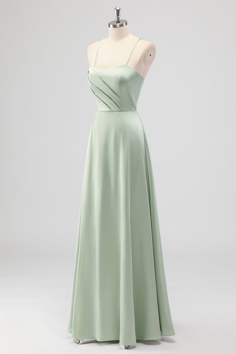 Sage Green A-Line Satin Spaghetti Straps Long Bridesmaid Dress