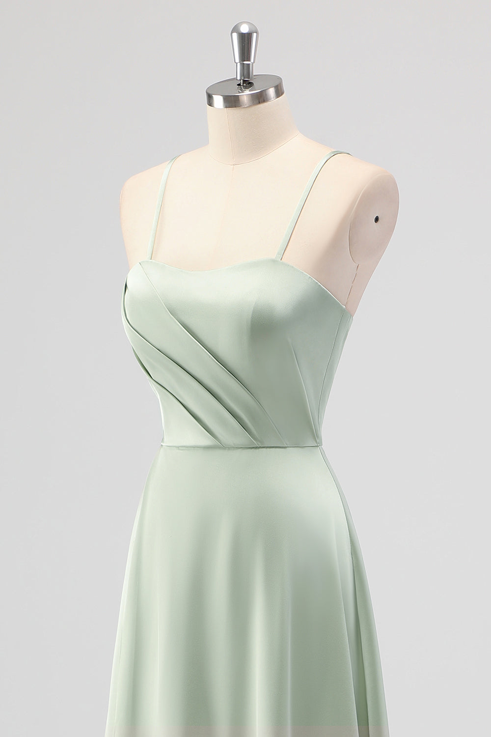 Sage Green A-Line Satin Spaghetti Straps Long Bridesmaid Dress