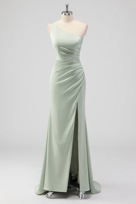 Sage Green One Shoulder Sheath Satin Long Bridesmaid Dress