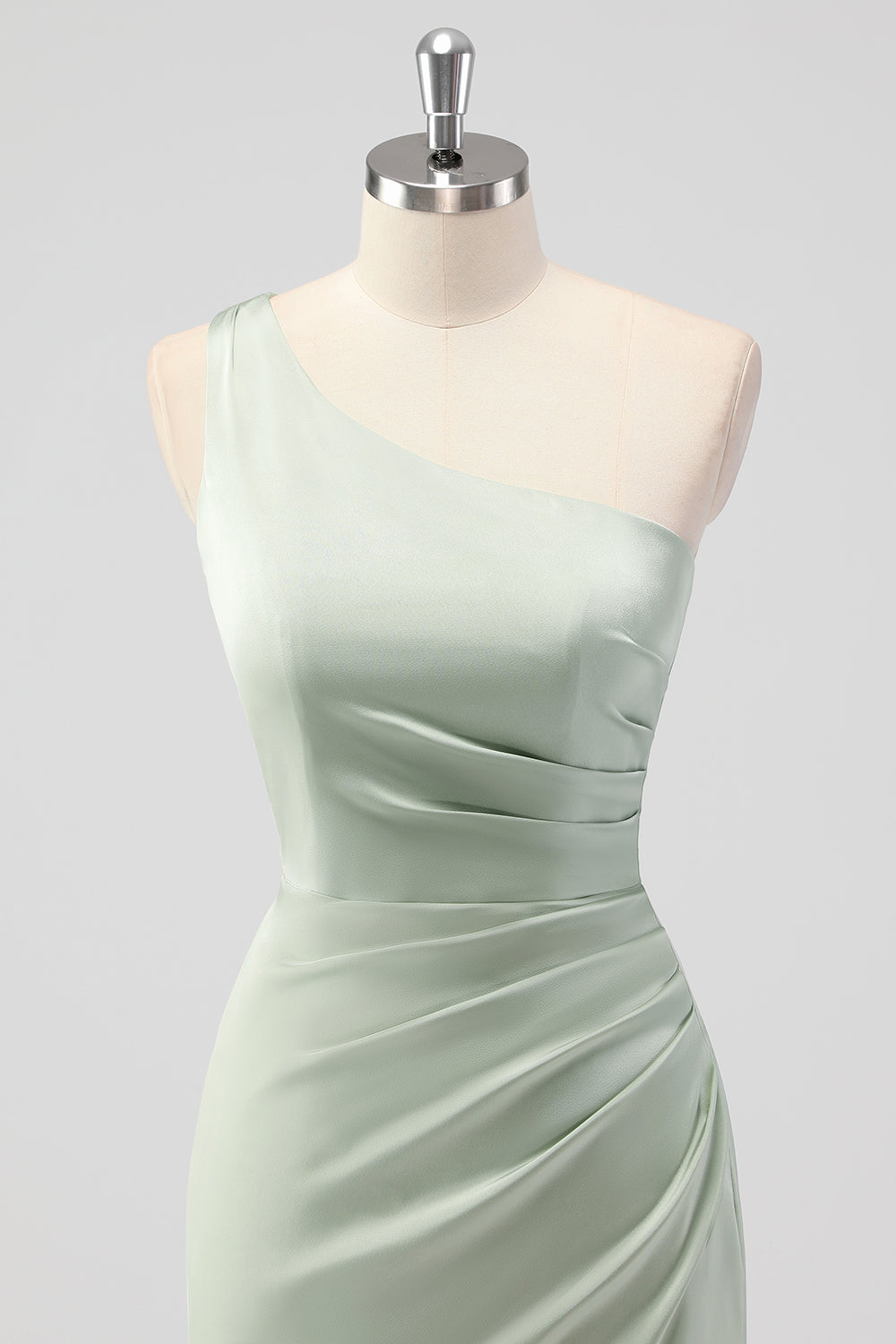 Sage Green One Shoulder Sheath Satin Long Bridesmaid Dress