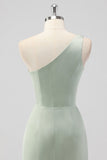 Sage Green One Shoulder Sheath Satin Long Bridesmaid Dress