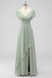 Sage Green A-Line Chiffon V-neck Long Bridesmaid Dress with Short Sleeves