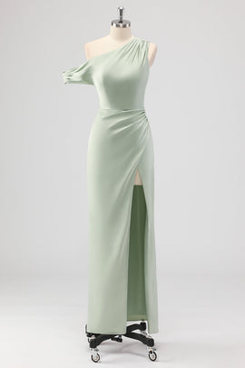 Sage Green One Shoulder Satin Ruched Sheath Long Bridesmaid Dress