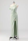 Sage Green One Shoulder Satin Ruched Sheath Long Bridesmaid Dress