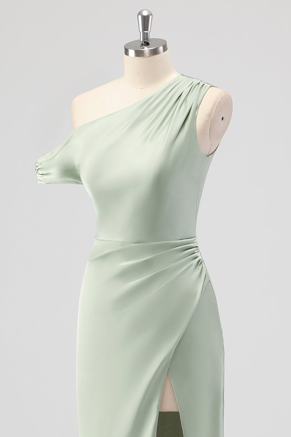 Sage Green One Shoulder Satin Ruched Sheath Long Bridesmaid Dress