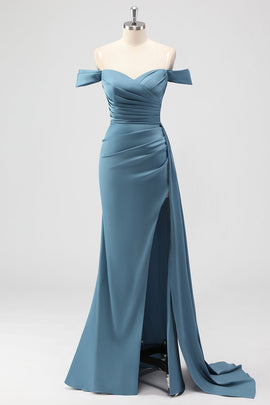 Dusty Blue Mermaid Off the Shoulder Satin Long Bridesmaid Dress with Slit