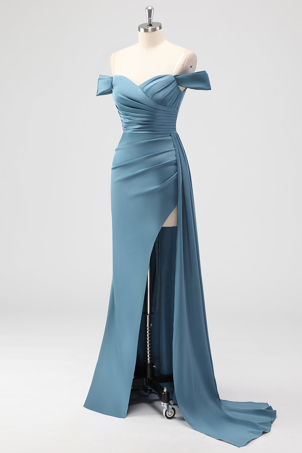 Dusty Blue Mermaid Off the Shoulder Satin Long Bridesmaid Dress with Slit