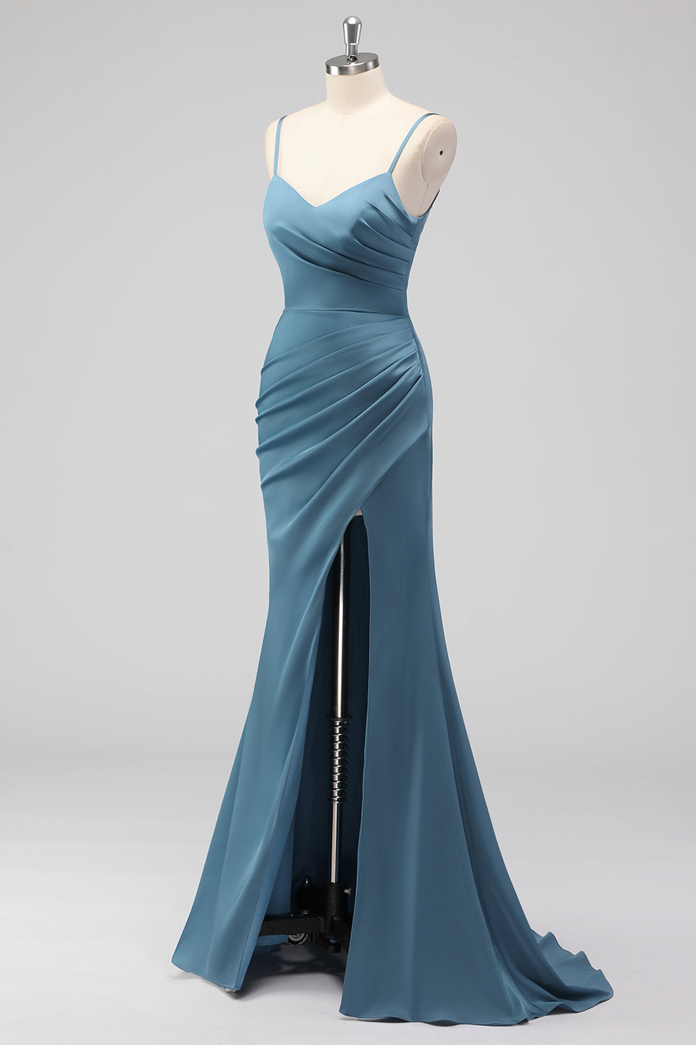 Dusty Blue Spaghetti Straps Mermaid Satin Long Bridesmaid Dress with Slit