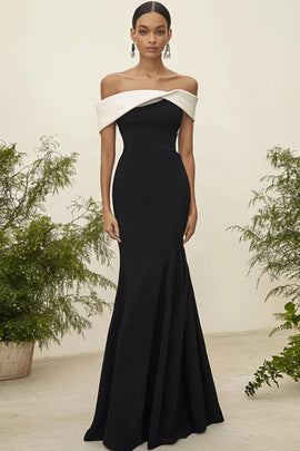 Off The Shoulder White Black Sheath Long Formal Dress