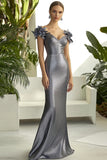 Sheath Dark Grey V-Neck Long Formal Dress with 3D Flowers