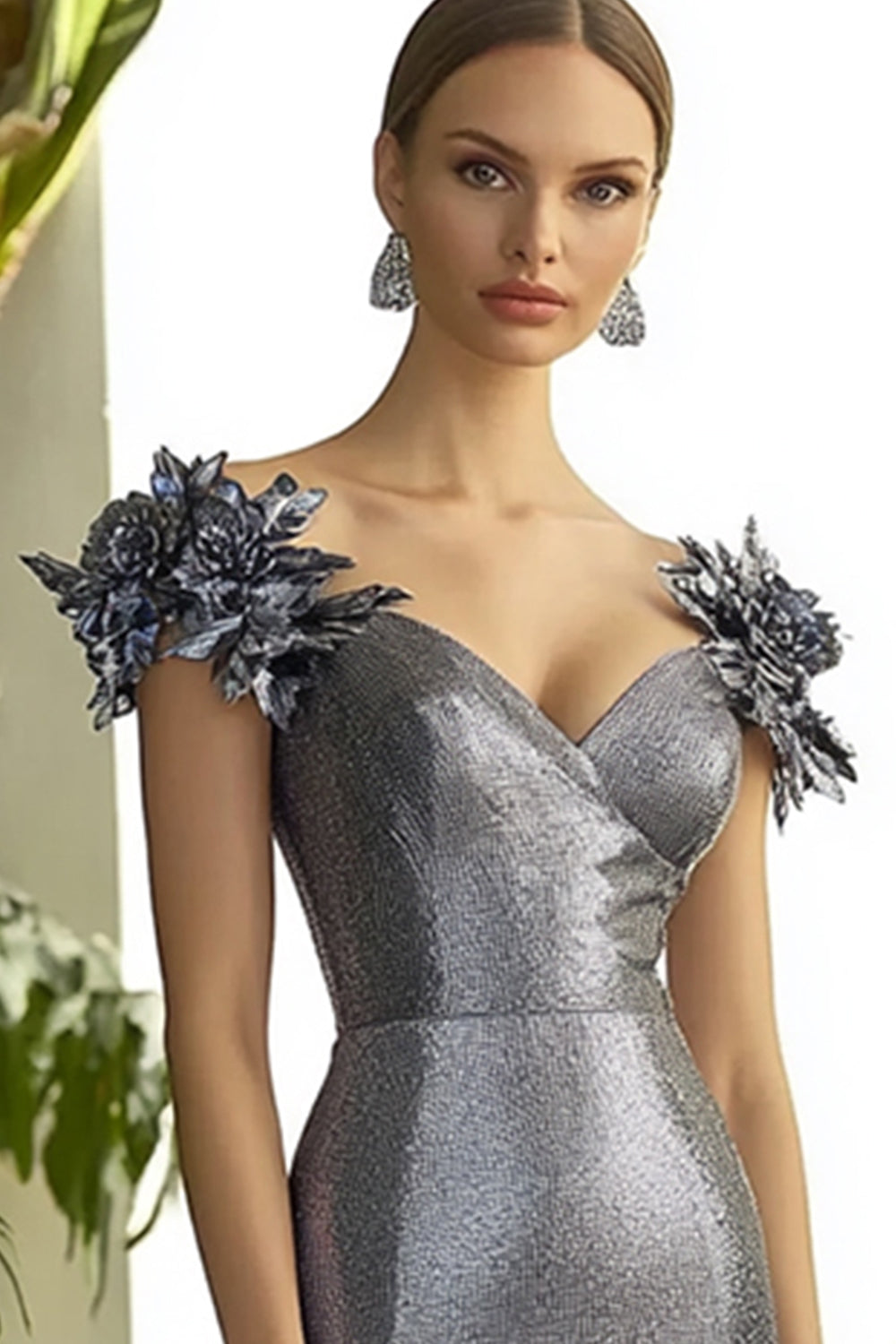 Sheath Dark Grey V-Neck Long Formal Dress with 3D Flowers