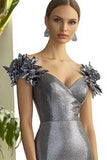 Sheath Dark Grey V-Neck Long Formal Dress with 3D Flowers