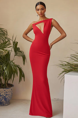 One Shoulder Red Satin Long Formal Dress