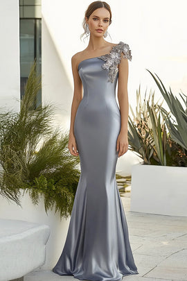 One Shoulder Dark Grey Satin Long Formal Dress with 3D Flowers