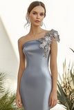 One Shoulder Dark Grey Satin Long Formal Dress with 3D Flowers