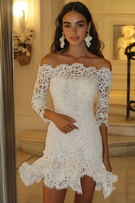 White Lace Off The Shoulder Short Graduation Dress with 3/4 Sleeves