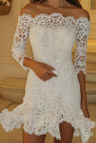 White Lace Off The Shoulder Short Graduation Dress with 3/4 Sleeves