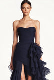 Sweetheart Ruffled Navy Long Formal Dress with Slit