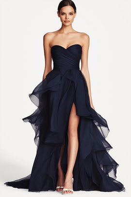 A Line Sweetheart Ruffled Navy Long Formal Dress with Slit