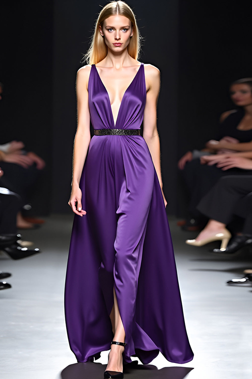 Satin Dark Purple V-Neck Long Gala Dress