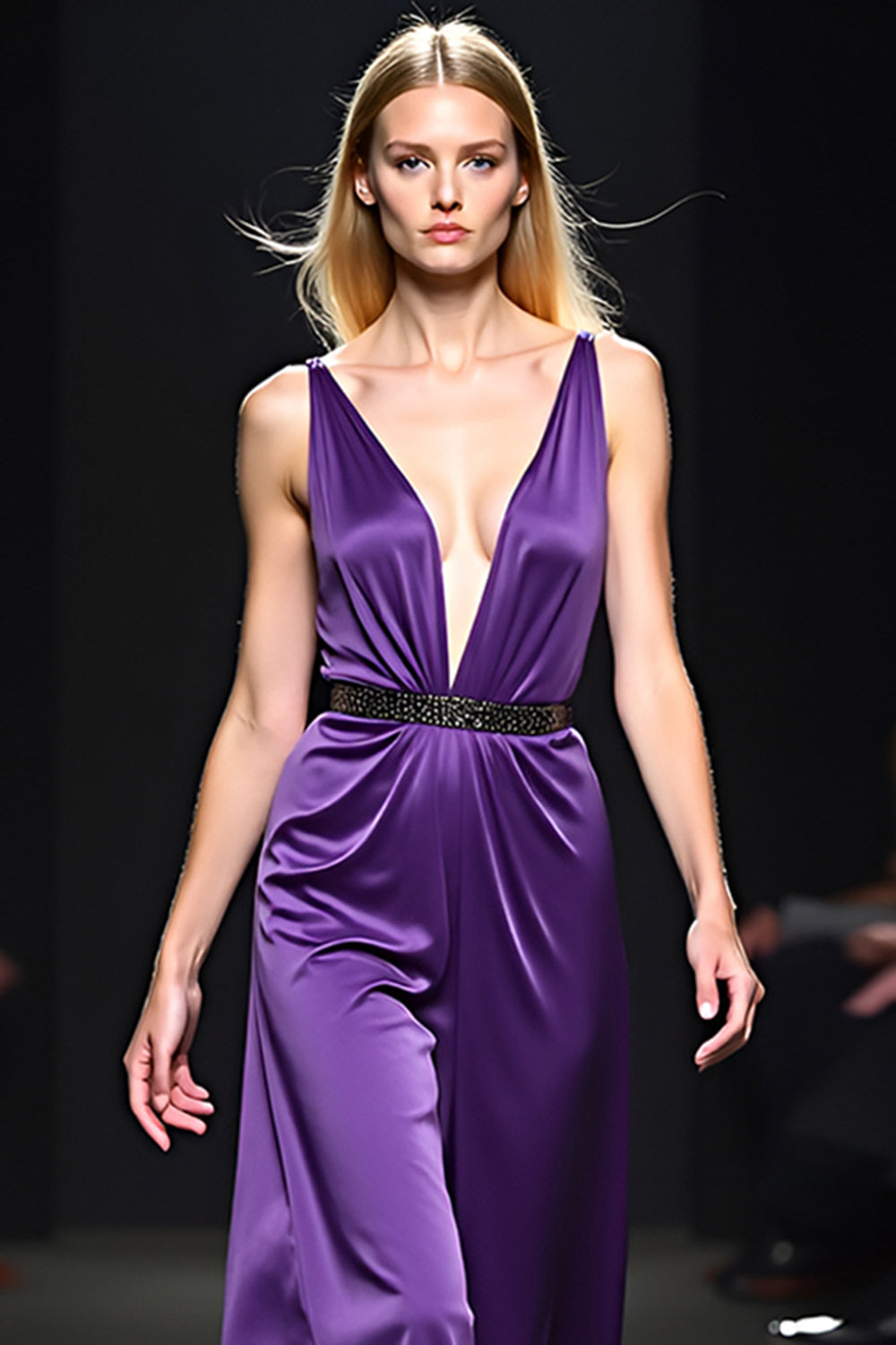 Satin Dark Purple V-Neck Long Gala Dress