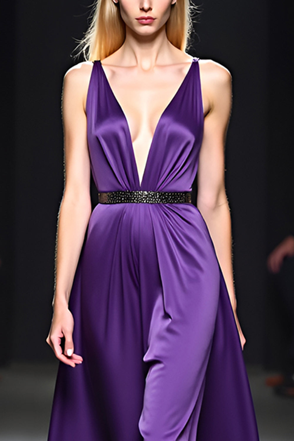 Satin Dark Purple V-Neck Long Gala Dress