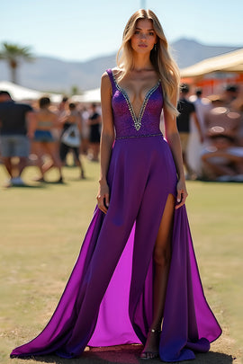 Beaded Dark Purple V-Neck Long Wedding Guest Dress with Slit