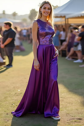 Scoop Dark Purple A Line Ruched Long Wedding Guest Dress