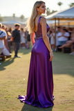 Scoop Dark Purple A Line Ruched Long Wedding Guest Dress