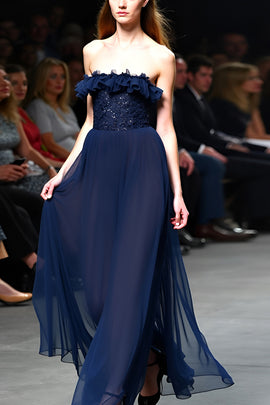 Strapless Navy A Line Long Gala Dress with Ruffles