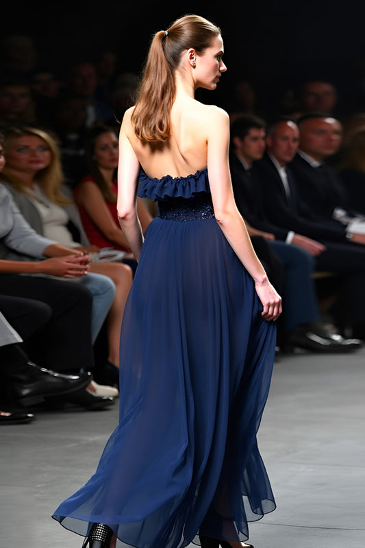 Strapless Navy A Line Long Gala Dress with Ruffles