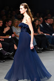 Strapless Navy A Line Long Gala Dress with Ruffles