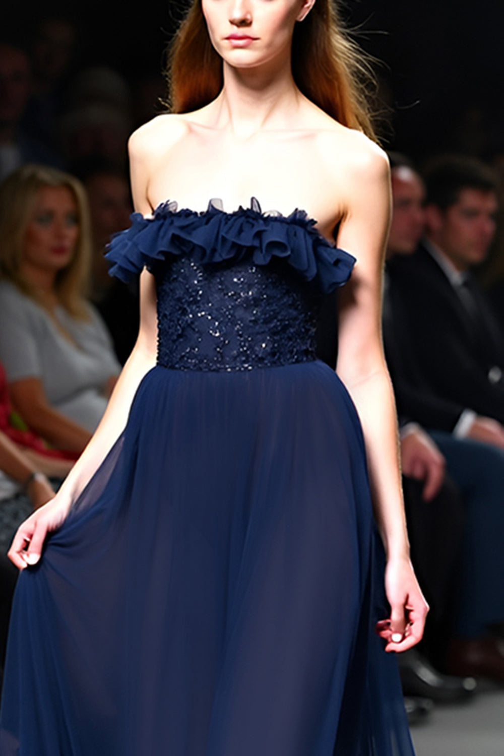 Strapless Navy A Line Long Gala Dress with Ruffles