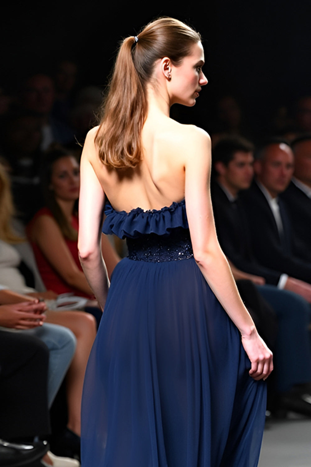 Strapless Navy A Line Long Gala Dress with Ruffles