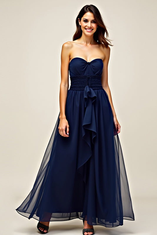 Sweetheart Navy A Line Long Wedding Guest Dress with Ruffles