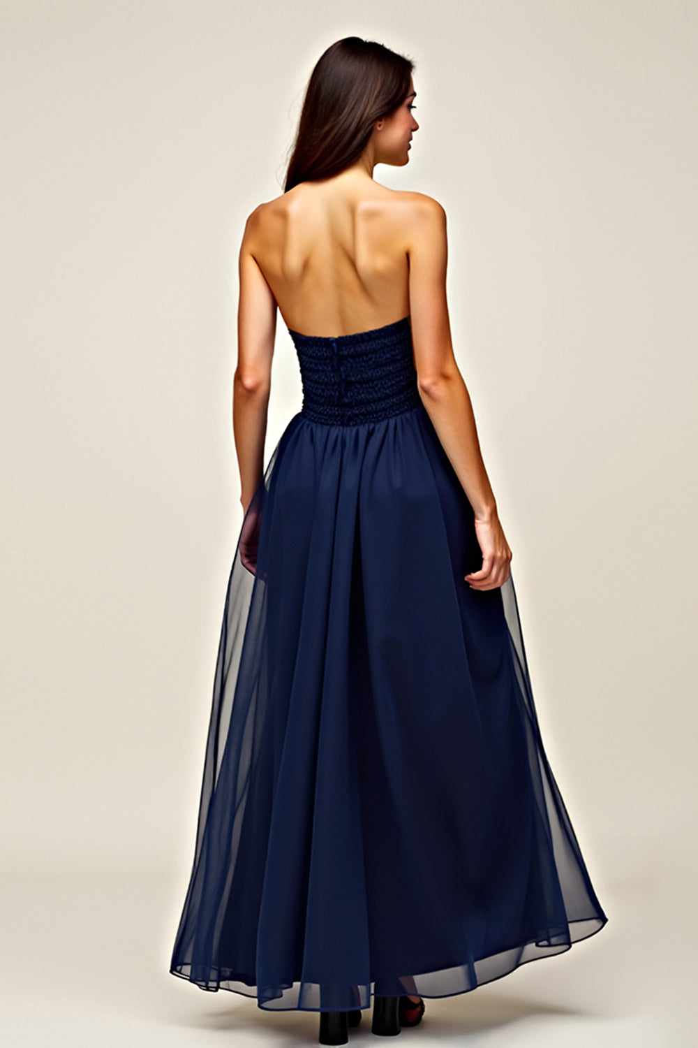 Sweetheart Navy A Line Long Wedding Guest Dress with Ruffles