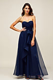 Sweetheart Navy A Line Long Wedding Guest Dress with Ruffles