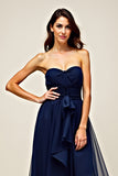 Sweetheart Navy A Line Long Wedding Guest Dress with Ruffles