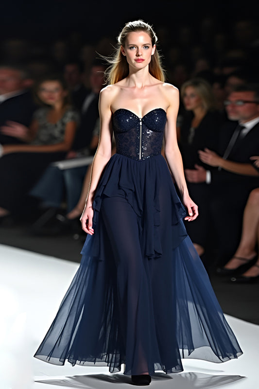 Sweetheart Navy A Line Long Gala Dress with Ruffles