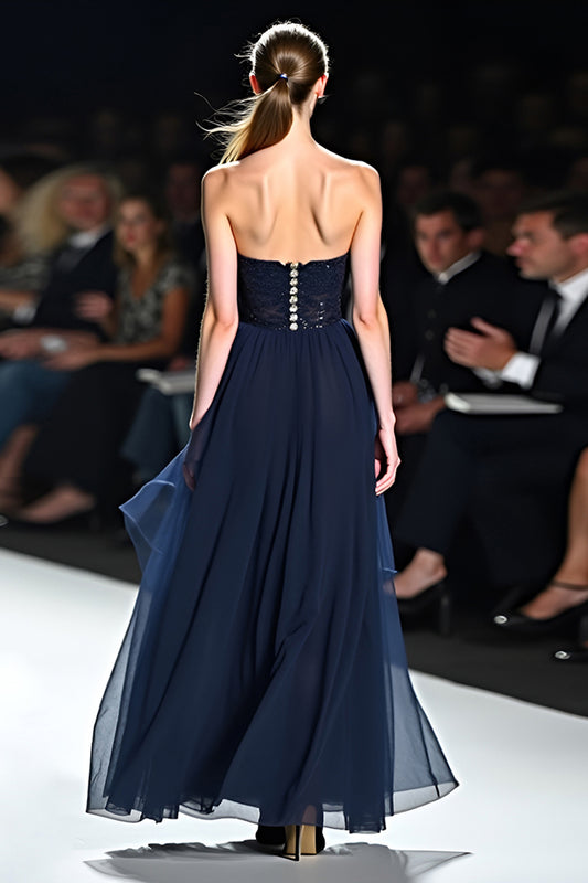 Sweetheart Navy A Line Long Gala Dress with Ruffles