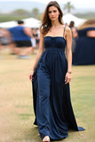 A Line Navy Ruched Long Wedding Guest Dress