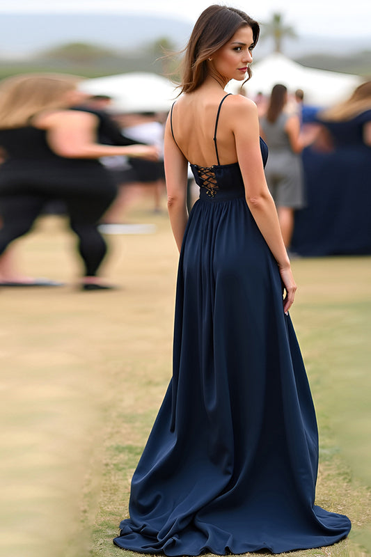 A Line Navy Ruched Long Wedding Guest Dress