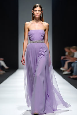 A Line Lilac Square Neck Tulle Long Gala Dress